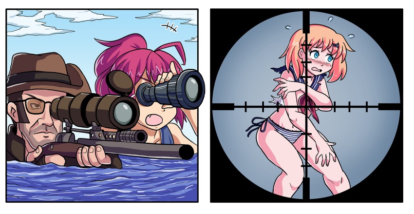 +++ 1boy 2girls 2koma blush cloud comic commentary convenient_censoring crossover darkyamatoman day english_commentary fang gun hair_ornament hat highres historical_event i-168_(kancolle) kantai_collection meme multiple_crossover multiple_girls no_gloves no_headwear no_legwear open_mouth panties partially_submerged red_hair rifle sailor_collar scope sniper_(tf2) sniper_rifle striped_clothes striped_panties sunglasses sweat team_fortress_2 torn_clothes trait_connection underwear warship_girls_r wavy_mouth weapon yorktown_(warship_girls_r)