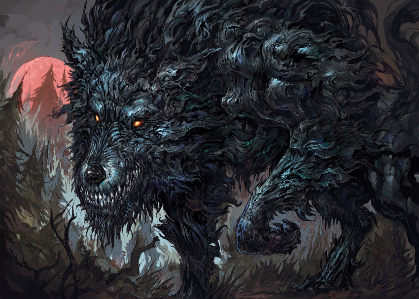 animal_focus carpet_crawler commentary dire_wolf_(inscryption) english_commentary forest full_moon glowing glowing_eyes highres inscryption moon nature no_humans official_art orange_eyes red_moon solo tree wolf