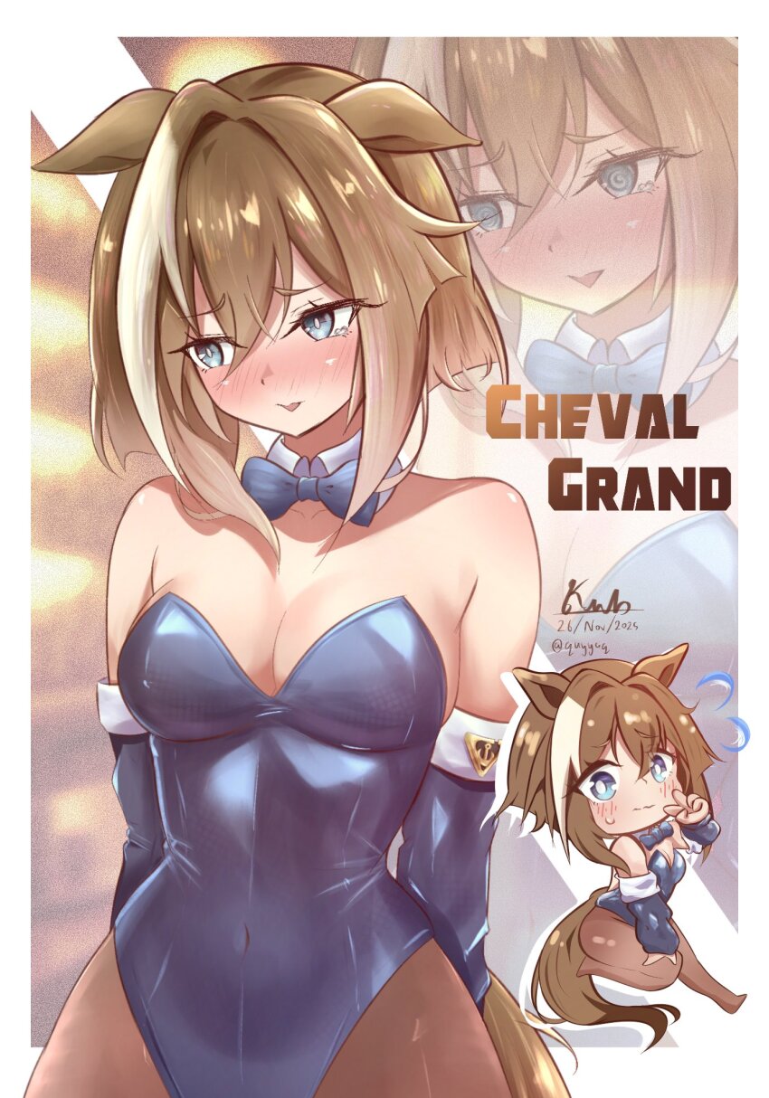 1girl animal_ears arm_warmers bare_shoulders blue_bow blue_bowtie blue_eyes blue_leotard blue_sleeves blush bow bowtie breasts brown_hair cheval_grand_(umamusume) cleavage closed_mouth covered_navel detached_collar detached_sleeves hair_between_eyes highres horse_ears horse_girl horse_tail leotard looking_at_viewer medium_breasts multicolored_hair pantyhose quyyaq streaked_hair sweatdrop tail tongue tongue_out umamusume white_hair