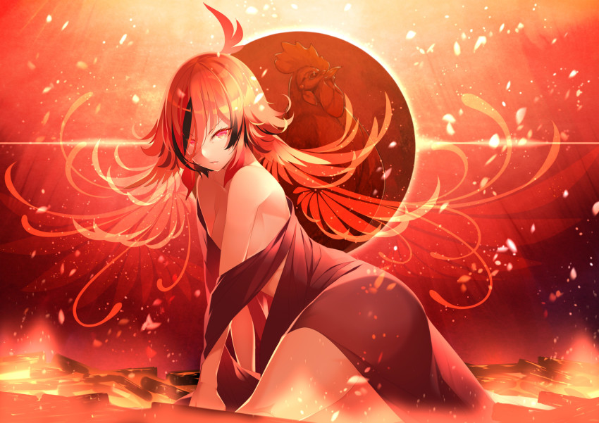 1girl ahoge animare bare_shoulders bird breasts chicken cloak cowboy_shot dress female_focus fire hair_between_eyes hair_wings highres kazami_kuku kokka_han lava lava_bath light_particles looking_at_viewer medium_breasts medium_hair nanashi_inc. off_shoulder parted_lips red_background red_dress red_eyes red_hair red_theme rooster sitting solo virtual_youtuber