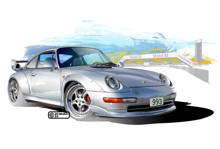 artist_name car copyright_notice grey_car highres mobil1 motor_vehicle nimbus_goldbrum no_humans original porsche porsche_911 porsche_993 sebring_international_raceway spoiler_(automobile) vehicle_focus