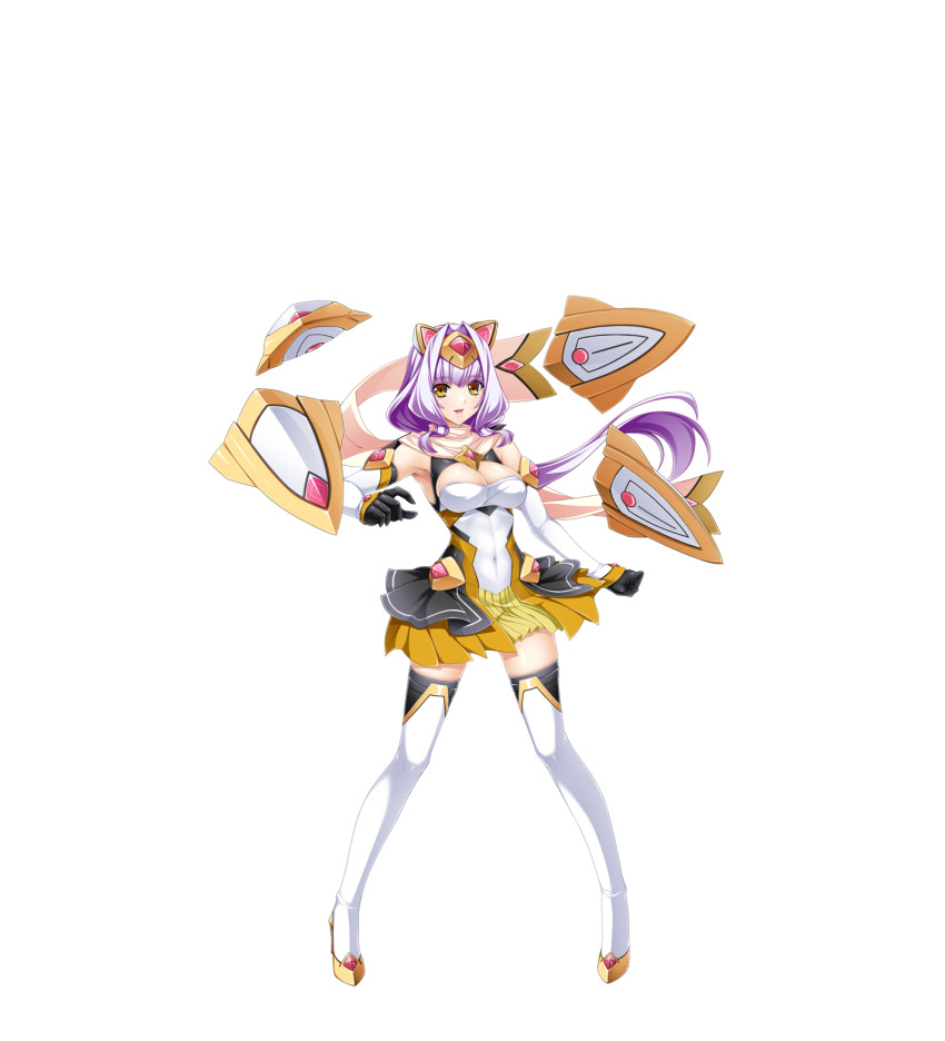 1girl armpits azarin_(kouyoku_senki_exs-tia) bare_shoulders black_gloves black_skirt boots breasts cleavage cleavage_cutout clenched_hand clothing_cutout covered_navel detached_sleeves elbow_gloves exs-tia_magica floating floating_hair floating_object full_body game_cg gem gloves hair_intakes high_heel_boots high_heels highres inoino kouyoku_senki_exs-tia large_breasts large_variant_set layered_skirt legs_apart leotard long_hair looking_at_viewer magical_girl medium_breasts non-web_source official_art open_mouth pigeon-toed pleated_skirt purple_hair scarf skirt solo standing tachi-e thigh_boots thighhighs transparent_background variant_set white_scarf white_thighhighs yellow_eyes yellow_skirt zettai_ryouiki