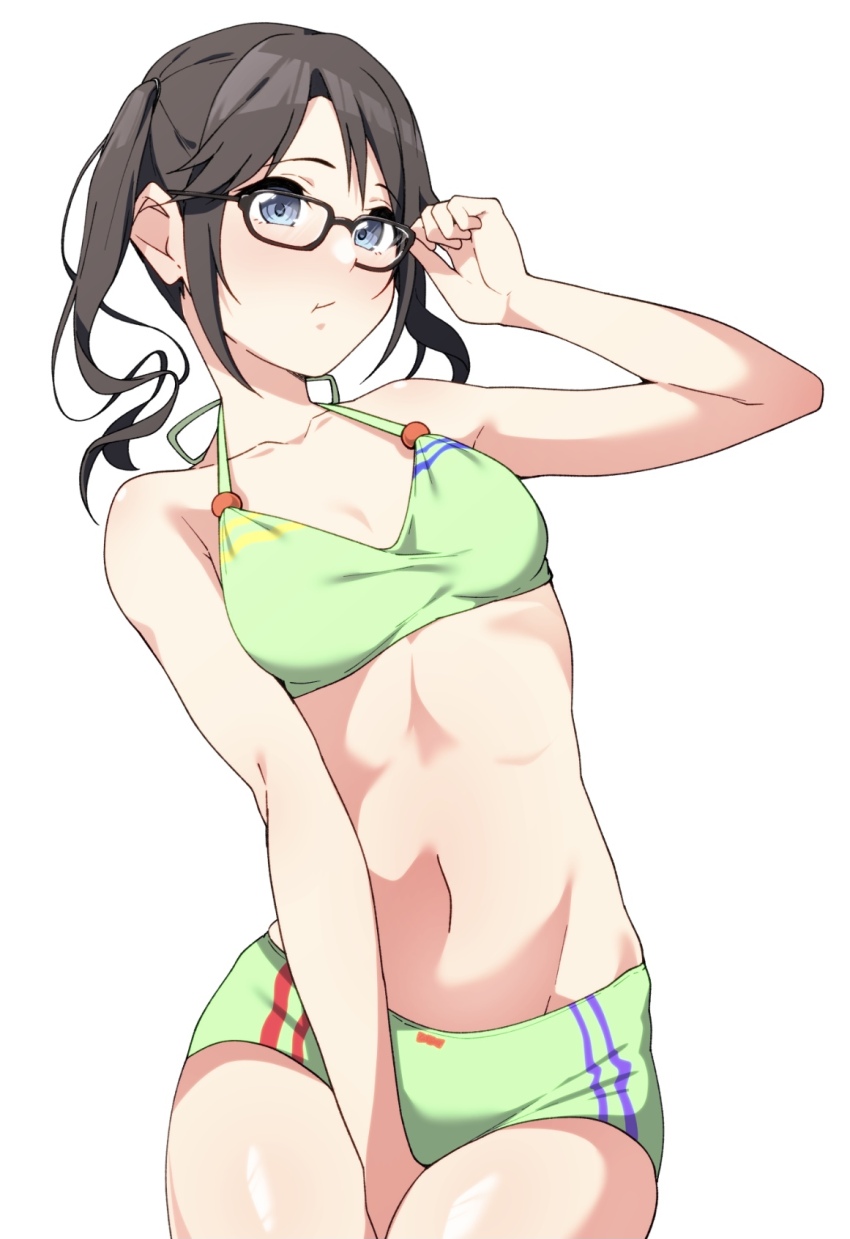 between_legs bikini bikini_shorts black_hair blue_eyes breasts cowboy_shot glasses green_bikini hand_between_legs highres idolmaster idolmaster_shiny_colors long_hair medium_breasts mitsumine_yuika monya_monya_(tmsc7752) navel shorts simple_background swimsuit twintails white_background