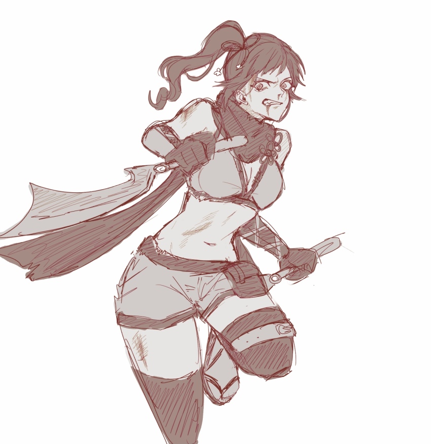 blood blood_on_face breasts brown_eyes brown_hair cleavage crop_top dagger fishnet_thighhighs fishnets grimace highres knife kunoichi_(sengoku_musou) midriff navel ninja ponytail scarf sengoku_musou shorts side_ponytail sketch thighhighs thighs weapon
