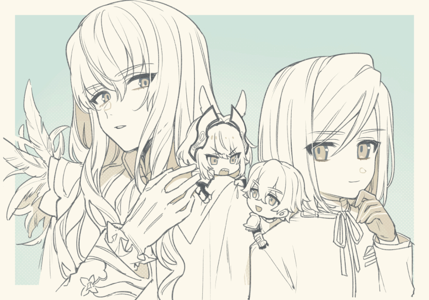 1girl 3boys animal_ears armor ascot blue_background border caenis_(fate) caenis_(second_ascension)_(fate) chibi chibi_on_shoulder closed_mouth fate/extra fate/grand_order fate_(series) feathers frilled_sleeves frills gawain_(fate) gloves hair_between_eyes hairband hand_on_own_chin hand_up headpiece horse_ears jacket karokuchitose kirschtaria_wodime leonard_bistario_harway long_hair long_sleeves looking_at_another male_focus monochrome multiple_boys neck_ribbon open_mouth parted_lips popped_collar ribbon sharp_teeth short_hair simple_background smile teeth upper_body upper_teeth_only yellow_border
