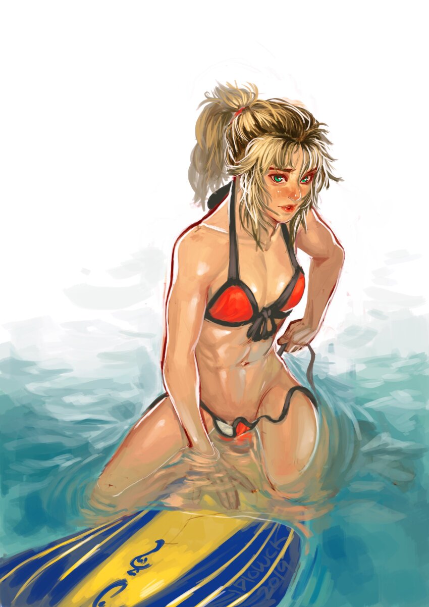 1girl abs absurdres bikini blonde_hair breasts commentary fate/grand_order fate_(series) front-tie_bikini_top front-tie_top green_eyes highres idioluck mordred_(fate) mordred_(swimsuit_rider)_(fate) mordred_(swimsuit_rider)_(first_ascension)_(fate) navel partially_submerged ponytail realistic red_bikini red_lips small_breasts solo surfboard swimsuit toned toned_female untied_bikini_bottom