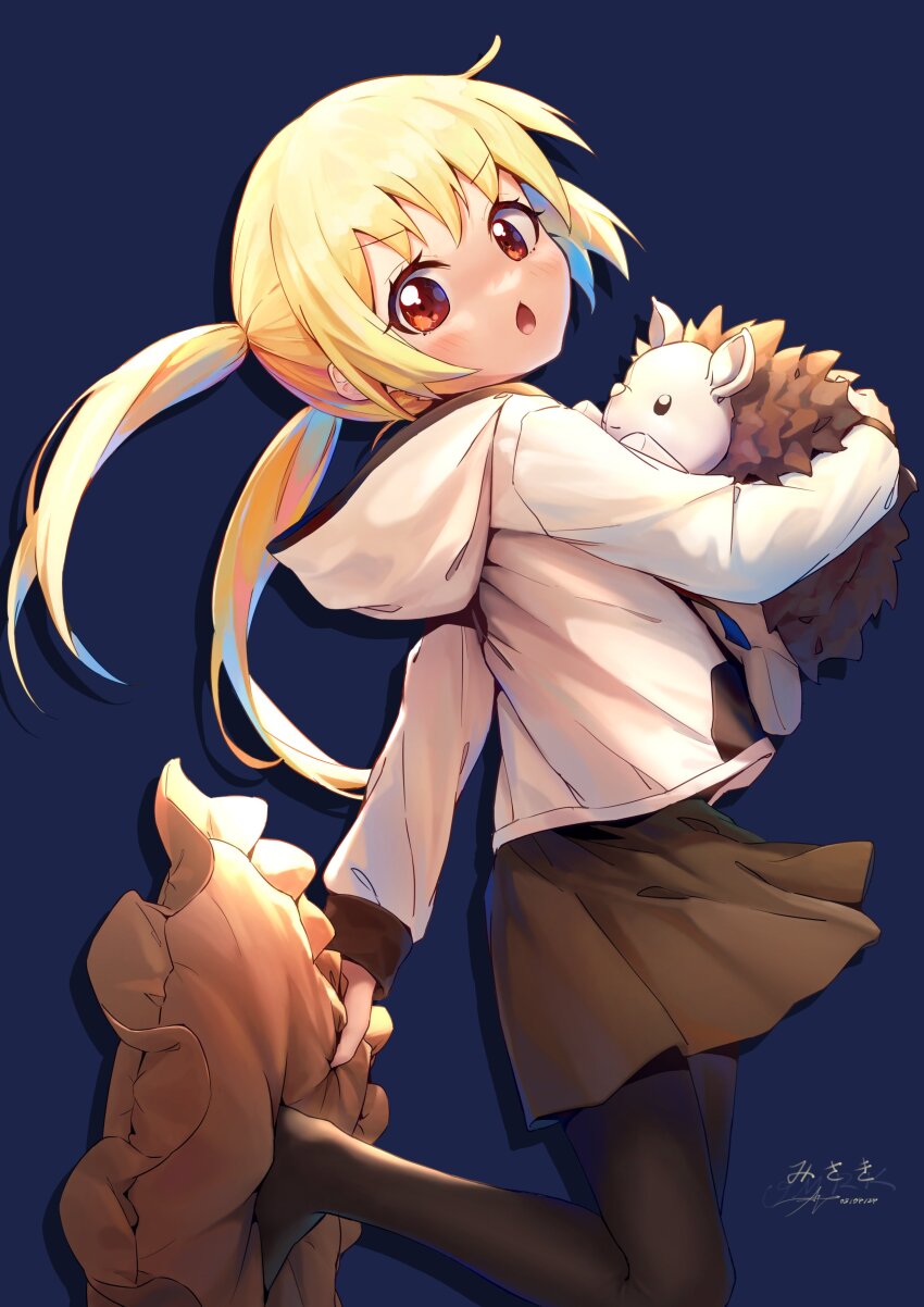 1girl absurdres ap04astral black_pantyhose blonde_hair blue_background blush brown_skirt character_name commentary dated doll frilled_pillow frills from_side highres holding holding_doll holding_pillow hood hood_down hoodie leg_up long_sleeves looking_at_viewer oomuro-ke open_mouth pantyhose pillow puffy_long_sleeves puffy_sleeves red_eyes shadow skirt solo standing stuffed_animal stuffed_hedgehog stuffed_toy takasaki_misaki_(yuruyuri) v-shaped_eyebrows vignetting white_hoodie yuruyuri