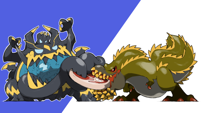 animal_focus arms_up biting black_sclera blacknirrow blue_background claws colored_sclera creatures_(company) crossover deviljho food game_freak gen_7_pokemon guzzlord highres holding holding_food meat monster monster_hunter_(series) nintendo no_humans open_mouth outline pokemon pokemon_(creature) red_eyes sharp_teeth simple_background teeth two-tone_background ultra_beast v-shaped_eyes white_background white_outline