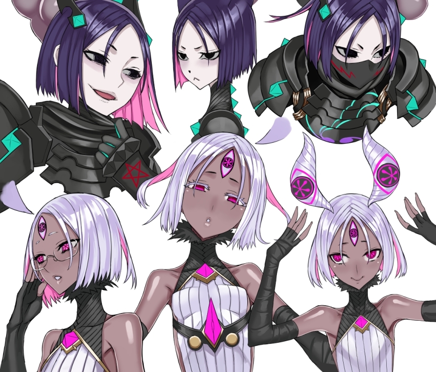 2girls armor bare_shoulders black_armor black_bodysuit black_eyes black_gloves black_scarf bodysuit breasts dark-skinned_female dark_skin detached_horns dress dual_persona fate/grand_order fate_(series) fingerless_gloves glasses gloves hair_ornament honjou_raita japanese_armor looking_at_viewer looking_to_the_side mask mouth_mask multiple_girls multiple_views neon_trim parted_bangs parted_lips purple_eyes purple_hair scarf short_hair sideless_dress small_breasts smile third_eye ushi_gozen_(avenger)_(fate) ushi_gozen_(avenger)_(second_ascension)_(fate) ushi_gozen_(avenger)_(third_ascension)_(fate) ushi_gozen_(fate) white_dress white_hair