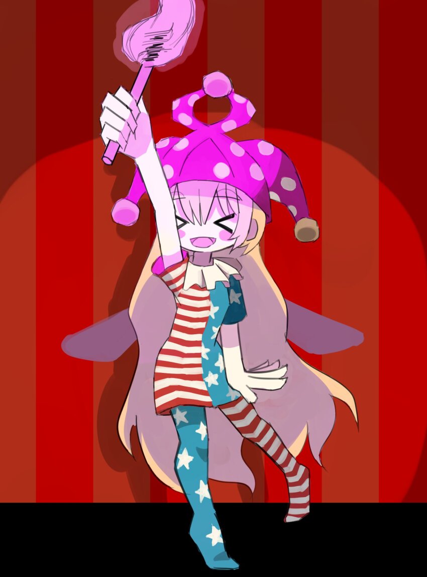 &gt;_&lt; 1girl :d american_flag american_flag_dress american_flag_legwear blonde_hair cili_(cookie) closed_eyes clownpiece commentary_request cookie_(touhou) dress fairy_wings full_body hat highres holding holding_torch jester_cap long_hair neck_ruff no_shoes open_mouth pantyhose polka_dot_hat polka_dot_headwear pro55h purple_wings smile solo standing star_(symbol) star_print striped_clothes striped_dress striped_pantyhose torch touhou very_long_hair wings xd