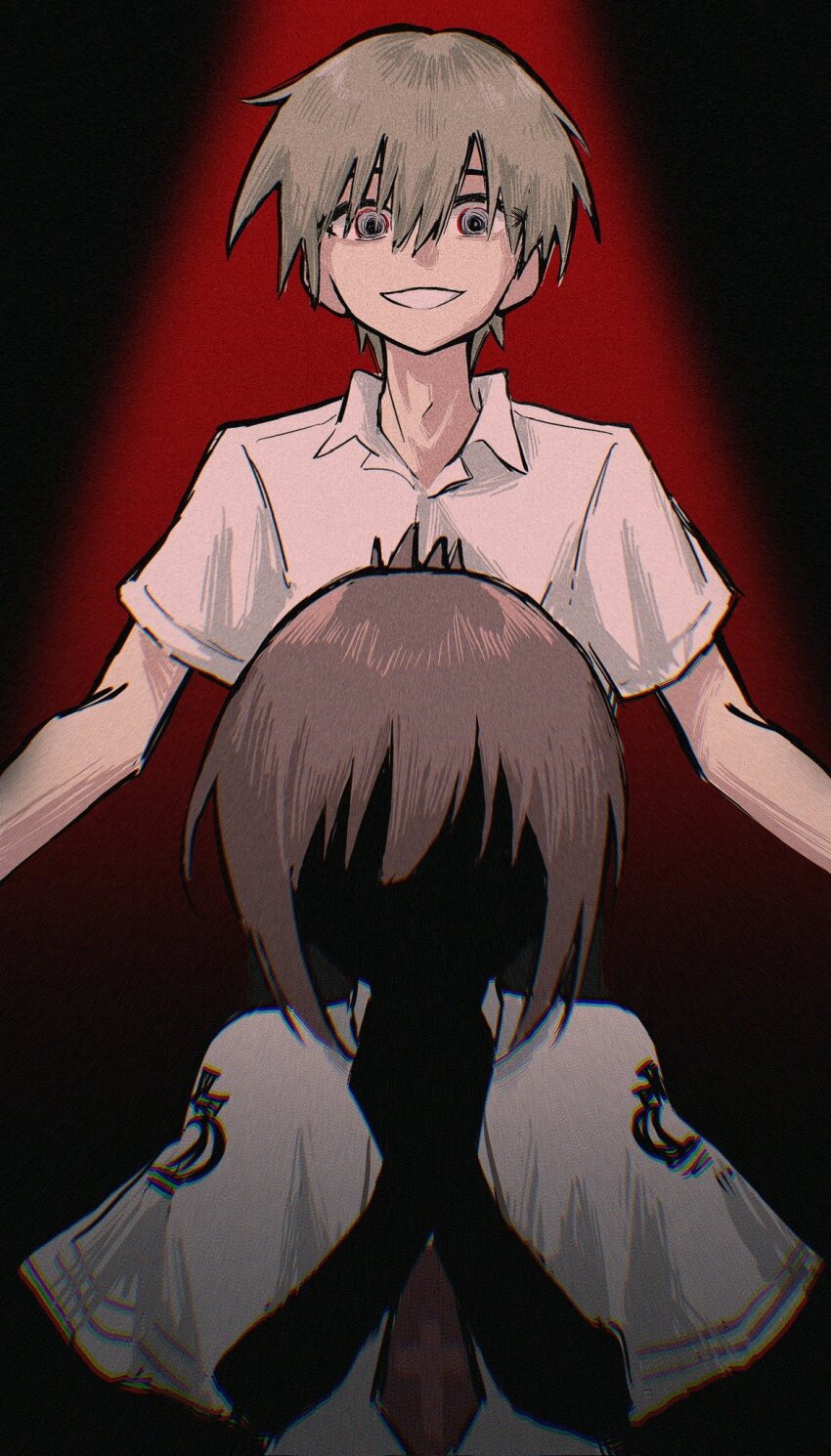 1boy 1girl @_@ black_background black_skin brown_hair capelet collared_shirt colored_skin commentary_request crazy_eyes crazy_smile eyebrows_hidden_by_hair faceless faceless_female facing_viewer film_grain grey_eyes hair_between_eyes hands_up highres light_brown_hair looking_at_viewer mamiya_takuji medium_hair necktie open_mouth outstretched_arms own_hands_together praying red_background red_necktie school_uniform shirt short_hair short_sleeves simple_background smile spotlight subarashiki_hibi szhr_chise tachibana_kimika upper_body white_capelet white_shirt
