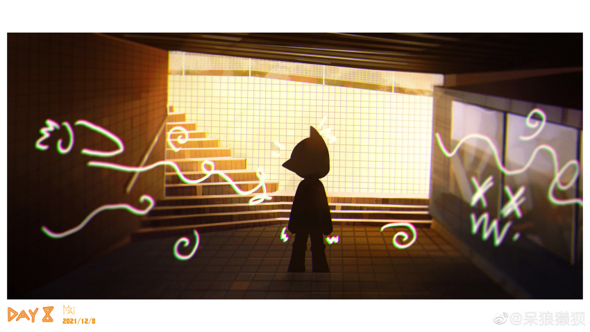 1boy absurdres arms_at_sides atom_(tetsuwan_atom) boots border chromatic_aberration dailang12345 dated facing_away full_body highres indoors male_focus short_hair silhouette solo stairs standing tetsuwan_atom tile_floor tile_wall tiles watermark weibo_watermark white_border
