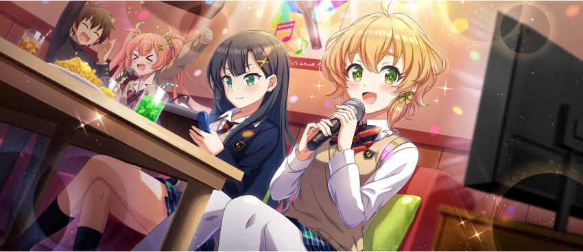 &gt;_&lt; 1boy 3girls :3 :d ahoge arm_up black_bow black_bowtie black_hair black_socks blazer blonde_hair blue_bow blue_bowtie blue_jacket blue_necktie blue_skirt bow bowtie brown_hair brown_sweater brown_sweater_vest cielo_(konosuba) clenched_hand closed_eyes closed_mouth collared_shirt contemporary couch crossed_legs cup diagonal-striped_bow diagonal-striped_bowtie diagonal-striped_clothes diagonal-striped_necktie diagonal_bangs double-parted_bangs drinking_glass drinking_straw emblem erika_(konosuba) food french_fries from_below gakuran game_cg green_bow green_eyes hair_bow hair_ornament hairclip hairpin highres holding holding_microphone holding_tablet_pc indoors jacket karaoke kneehighs knees_together_feet_apart kono_subarashii_sekai_ni_shukufuku_wo! konosuba!_fantastic_days lia_(konosuba) light_blush long_hair long_sleeves looking_at_object looking_to_the_side microphone miniskirt multiple_girls music necktie official_alternate_costume official_art on_couch open_clothes open_jacket open_mouth pantyhose parted_bangs pink_bow pink_bowtie pink_hair plaid_clothes plaid_skirt red_bow red_bowtie red_necktie satou_kazuma school_emblem school_uniform shirt short_hair sidelocks sign singing single_sidelock sitting skirt smile socks sparkle standing striped_clothes sweater sweater_vest table tablet_pc television thighs twintails two-tone_bow two-tone_bowtie two-tone_necktie v-shaped_eyebrows very_long_hair watching_television wavy_hair white_pantyhose white_shirt x3