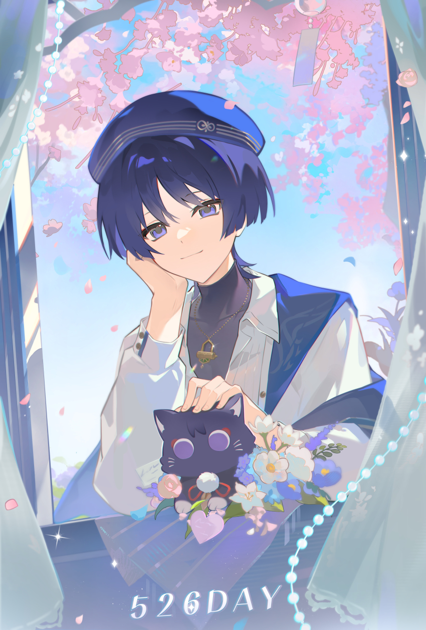 1boy absurdres blue_eyes blue_hair blue_sky cherry_blossoms closed_mouth collared_shirt covered_collarbone curtains eyeliner falling_petals flower genshin_impact hair_between_eyes hand_on_own_head hat head_tilt highres indoors japanese_clothes jewelry light_smile long_sleeves looking_at_viewer looking_to_the_side makeup necklace outdoors petals pink_petals purple_eyes red_eyeliner scaramouche_(cat)_(genshin_impact) scaramouche_(genshin_impact) shade shirt short_hair sky solo standing tree upper_body wanderer_(genshin_impact) wind window xinjinjumin_749
