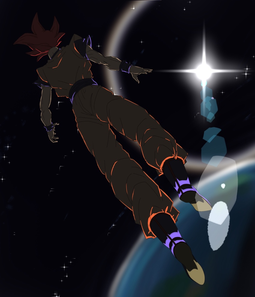 1boy blue_footwear blue_sash blue_shirt dougi dragon_ball_z dragon_ball_z_kami_to_kami highres kazumax76 male_focus orange_pants orange_shirt pants red_hair sash shirt solo son_goku space spiked_hair super_saiyan super_saiyan_god