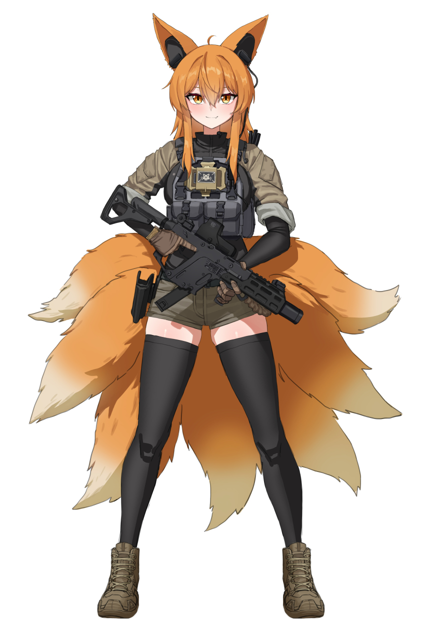 1girl absurdres ahoge ammunition_pouch animal_ear_fluff animal_ears black_bodysuit black_thighhighs bodysuit boots brown_boots brown_gloves brown_shirt brown_shorts bt_(user_udwc7853) buckle bulletproof_vest closed_mouth commentary commission ear_protection english_commentary fang fox_ears fox_girl fox_tail full_body gloves gun hair_between_eyes headset highres holding holding_gun holding_weapon holster jacket kitsune kriss_vector load_bearing_vest long_hair long_sleeves looking_at_viewer magazine_(weapon) optical_sight orange_eyes orange_hair orange_tail original phone_holder pouch shirt shorts sidelocks simple_background skin_fang sleeves_rolled_up slit_pupils smile snap-fit_buckle solo standing submachine_gun suppressor tactical_clothes tail thighhighs thighs trigger_discipline turtleneck turtleneck_jacket unit_patch vertical_foregrip weapon white_background zettai_ryouiki