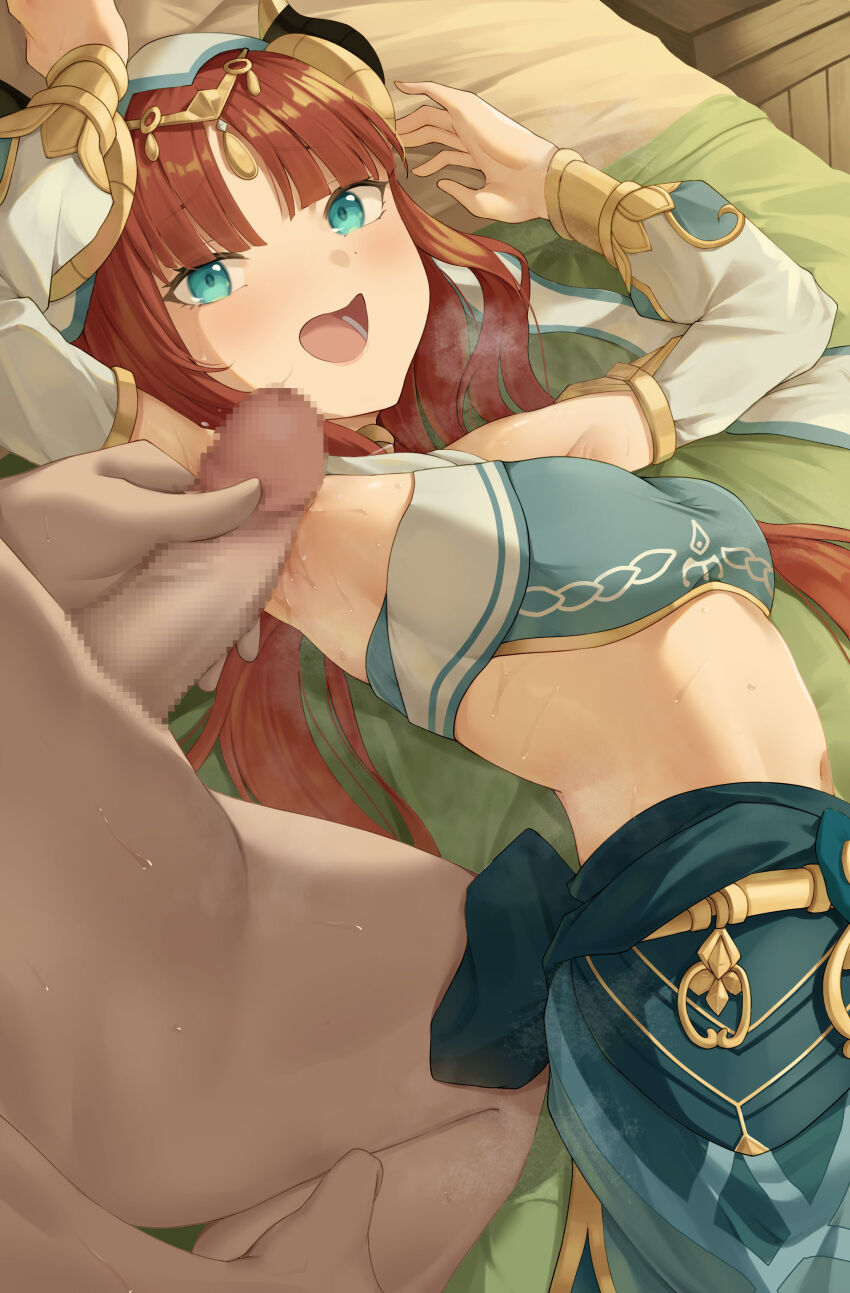 1boy 1girl absurdres aqua_eyes armpit_sex armpits arms_up bare_shoulders blue_veil blunt_bangs breasts censored circlet dark-skinned_male dark_skin detached_sleeves erection fake_horns genshin_impact gold_trim gueya harem_outfit hetero highres horns indoors jewelry kneeling long_hair long_sleeves looking_at_viewer lower_teeth_only lying medium_breasts midriff mosaic_censoring navel neck_ring nilou_(genshin_impact) on_bed on_side open_mouth out_of_frame paid_reward_available penis puffy_long_sleeves puffy_sleeves red_hair solo_focus sweatdrop teeth twintails veil white_sleeves white_veil