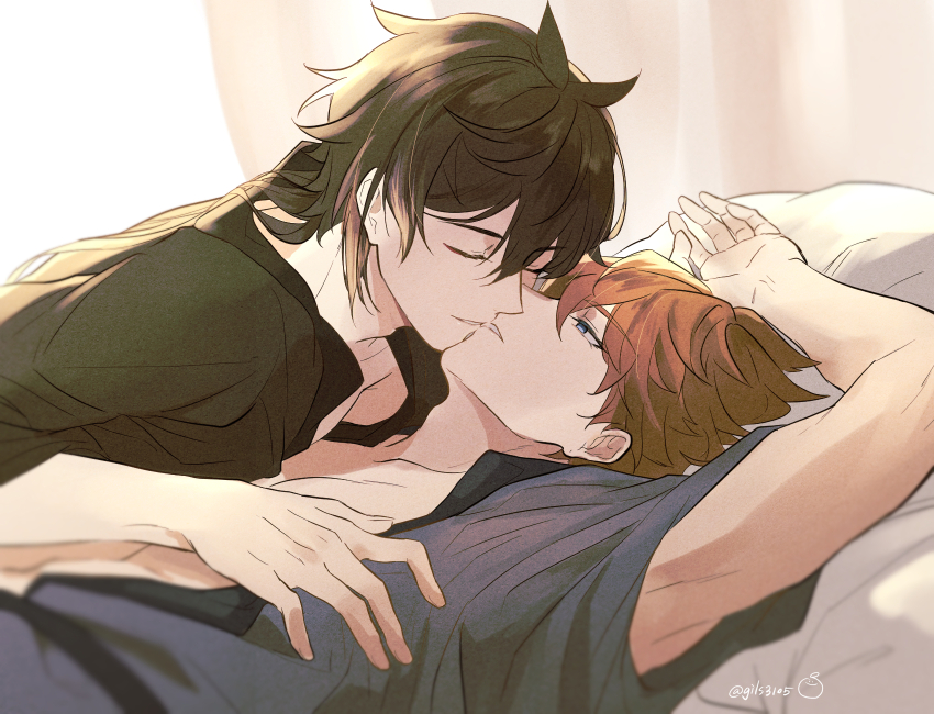 2boys bed couple genshin_impact gils3105 highres kiss lying multiple_boys on_back open_clothes open_shirt tartaglia_(genshin_impact) twitter undressing_another yaoi zhongli_(genshin_impact)