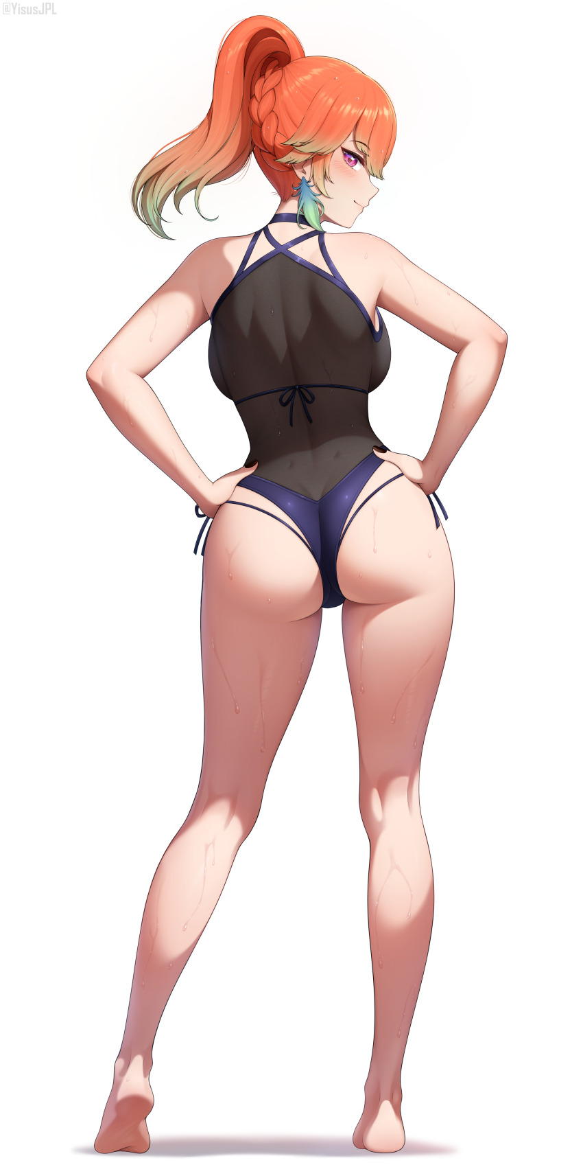 1girl absurdres ass backboob bare_arms bare_legs barefoot black_one-piece_swimsuit braid breasts casual_one-piece_swimsuit closed_mouth commentary criss-cross_back-straps earrings english_commentary feather_earrings feathers feet from_behind full_body gradient_hair green_feathers green_hair half_up_braid hands_on_own_hips highleg highleg_one-piece_swimsuit highres hololive hololive_english jewelry looking_at_viewer looking_back median_furrow multicolored_hair official_alternate_costume official_alternate_hairstyle one-piece_swimsuit orange_hair paid_reward_available perfume_(takanashi_kiara) ponytail purple_eyes shoulder_blades simple_background smile soles solo standing swimsuit takanashi_kiara virtual_youtuber wet white_background yisusjpl