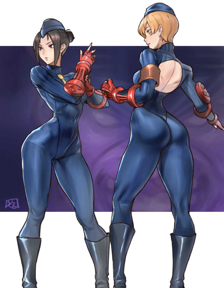 2girls absurdres ass back_cutout black_eyes black_hair boots breasts brown_eyes clenched_hand closed_mouth clothing_cutout commentary_request covered_navel curvy fingerless_gloves from_behind garrison_cap gloves hair_bun hat highleg highleg_leotard highres juaag_acgy juli_(street_fighter) juni_(street_fighter) knee_boots leotard light_brown_hair lips long_sleeves m._bison multiple_girls necktie red_gloves ribbed_leotard shadaloo_dolls shiny_clothes short_hair signature skin_tight small_breasts street_fighter street_fighter_zero_(series) turtleneck wide_hips