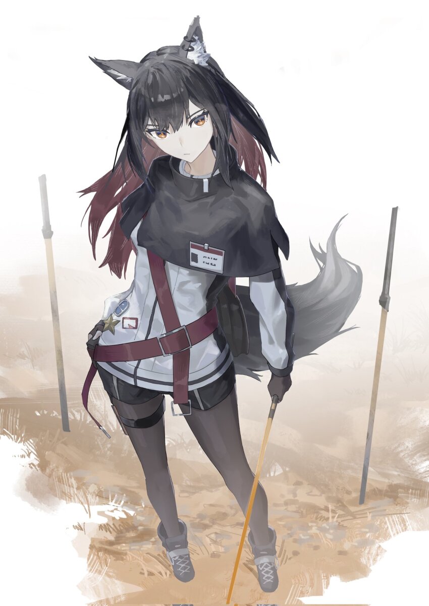 1girl animal_ear_fluff animal_ears arknights belt black_capelet black_hair black_pantyhose black_shoes black_shorts capelet closed_mouth colored_inner_hair fingerless_gloves gloves hand_on_own_hip hashtag-only_commentary highres holding holding_sword holding_weapon jacket kuthi0510 long_hair long_sleeves looking_at_viewer multicolored_hair orange_eyes pantyhose red_belt shoes shorts solo standing sword texas_(arknights) thigh_strap weapon white_background white_jacket