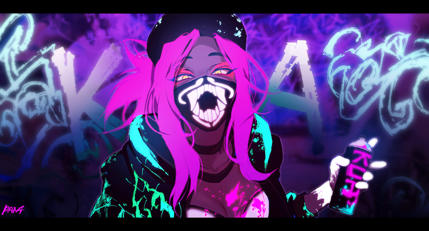 1girl akali base breasts cleavage female_focus glowing highres inverted_colors k/da_(league_of_legends) k/da_akali league_of_legends leaning_forward mask monochrome mouth_mask neon official_alternate_costume panza ponytail solo ultraviolet_light