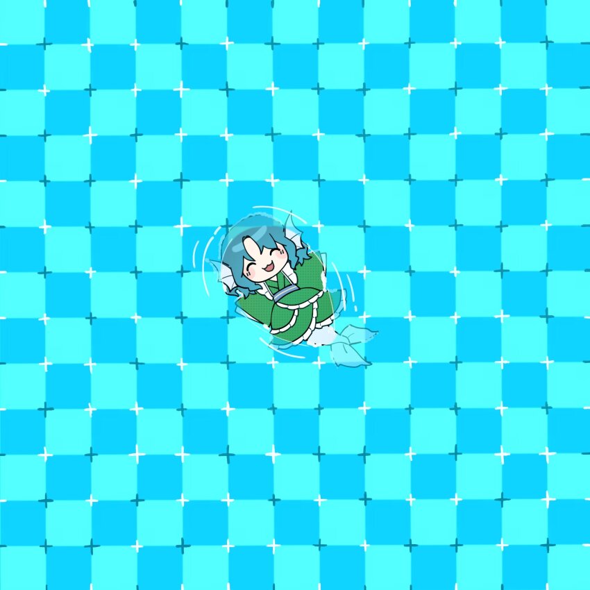 1girl :3 ^_^ blue_background blue_hair blue_sash blush chibi chibi_only closed_eyes commentary curtained_hair distortion fins from_above green_kimono grid_background hashtag-only_commentary head_fins highres japanese_clothes kimono long_sleeves lying medium_hair mermaid monster_girl motion_lines obi on_back open_mouth optical_illusion outstretched_arms primrose_field_illusion sash sia_6767 sleeves_past_fingers sleeves_past_wrists smile solo symbol-only_commentary touhou underwater wakasagihime wide_sleeves