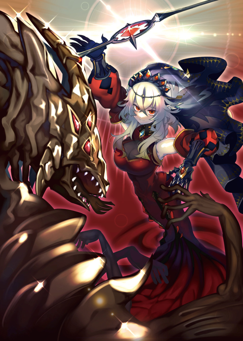 1girl arm_up blazing_cartesia_the_virtuous breasts bridal_veil cleavage collarbone detached_sleeves dragon dress duel_monster ecclesia_(yu-gi-oh!) fangs gem highres holding holding_sword holding_weapon large_breasts red_dress red_eyes senjo smile sword tiara veil weapon white_hair yu-gi-oh!
