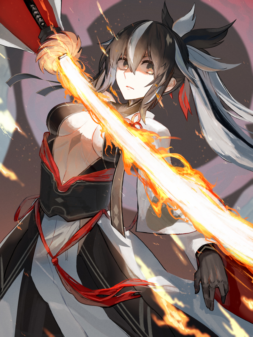 1girl absurdres armor bare_shoulders black_gloves black_hair black_shirt black_skirt breasts brown_eyes center_opening detached_sleeves facial_mark fate/grand_order fate_(series) fire flaming_sword flaming_weapon forehead_mark gloves gold_trim hair_between_eyes halterneck high_ponytail highres japanese_armor katana layered_skirt long_hair looking_at_viewer medium_breasts multicolored_hair nagao_kagetora_(fate) ponytail shaded_face shanaoh shirt sidelocks skirt solo sword two-tone_hair uesugi_kenshin_(fate) uesugi_kenshin_(third_ascension)_(fate) very_long_hair weapon white_hair white_skirt wide_sleeves