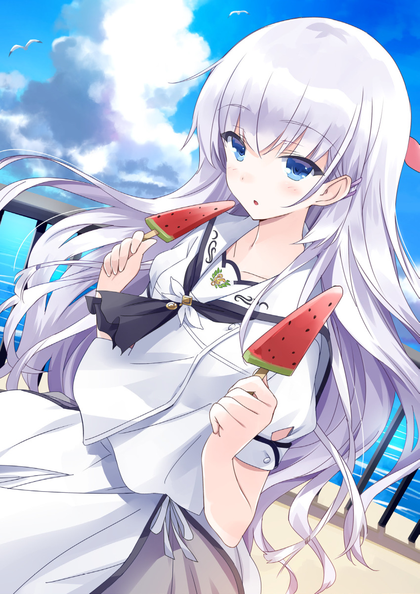 1girl ascot bird black_ascot blue_eyes blue_sky blunt_ends blush cloud commentary cowboy_shot day dual_wielding dutch_angle eyes_visible_through_hair fence floating_hair food hair_between_eyes hair_ornament hairclip hands_up highres holding holding_food holding_ice_cream ice_cream long_hair looking_at_viewer naruse_shiroha non-web_source open_mouth outdoors popsicle puffy_short_sleeves puffy_sleeves sailor_collar seagull shirt short_sleeves sidelocks skirt sky solo standing summer_pockets usatsuka_eiji very_long_hair watermelon_bar white_hair white_sailor_collar white_shirt white_skirt