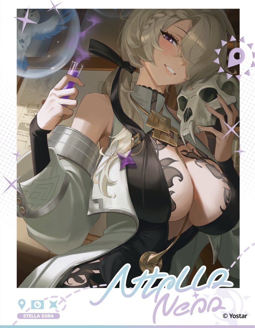 1girl absurdres animal_skull between_breasts bird black_dress black_ribbon blush braid breasts bubble cleavage coat commentary coronis_(stella_sora) dress english_commentary grey_hair guest_art hair_over_one_eye hair_ribbon highres holding holding_skull holding_vial indoors large_breasts long_sleeves looking_at_viewer ponytail purple_eyes ribbon rucarachi skull smile smoke smoke_trail solo stella_sora teeth upper_body vial white_coat