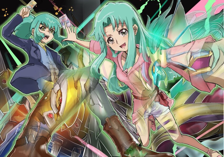 1boy 1girl aged_up ancient_fairy_life_dragon blue_jacket blue_shirt boots brother_and_sister brown_footwear card dress duel_monster green_hair grey_pants high_ponytail holding holding_card jacket long_hair lua_(yu-gi-oh!) luca_(yu-gi-oh!) non-humanoid_robot noppe pants pink_dress ponytail power_tool_braver_dragon robot robot_dragon shirt shorts siblings trading_card twins white_shorts yu-gi-oh! yu-gi-oh!_5d&#039;s