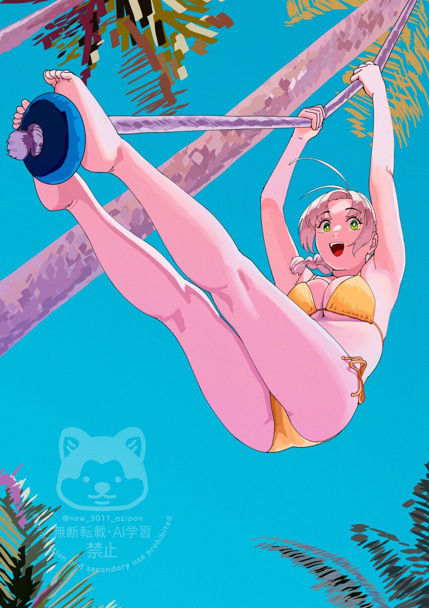 1girl absurdres antenna_hair barefoot bikini blue_sky breasts climbing_rope day from_below green_eyes grey_hair highres holding kantai_collection kinugasa_(kancolle) looking_at_viewer ojipon open_mouth orange_bikini outdoors palm_tree rope side-tie_bikini_bottom sky swimsuit tree twitter_username