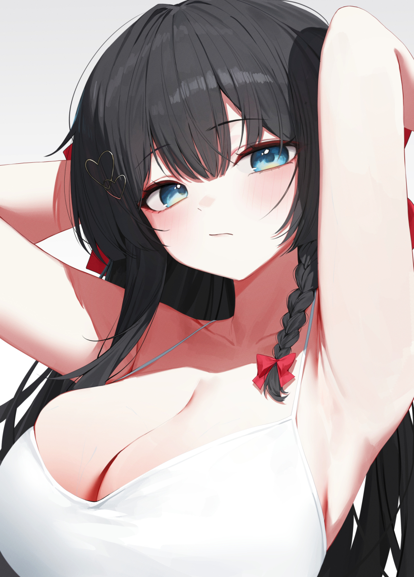 1girl armpits arms_behind_head black_hair blue_eyes bow braid breasts cleavage closed_mouth collarbone grey_background hair_bow hair_ornament heart heart_hair_ornament highres huhi_(huhi_1211) large_breasts long_hair looking_at_viewer red_bow shirayuki_hina simple_background single_braid solo stellive upper_body virtual_youtuber