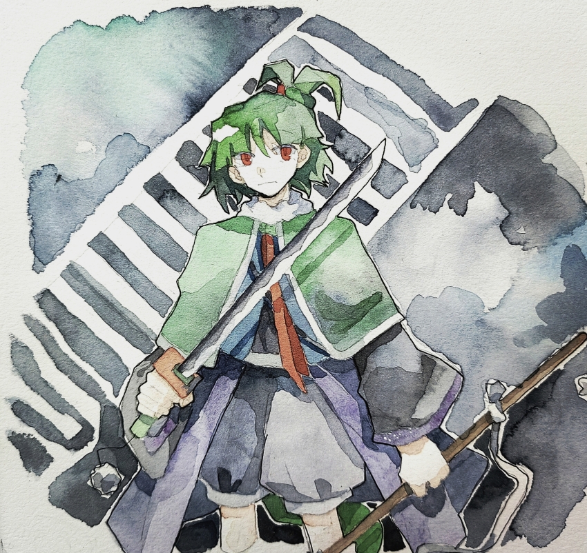 1other aaayamitsu absurdres adagumo_no_saragimaru androgynous black_shirt black_shorts capelet chinese_commentary closed_mouth commentary_request cowboy_shot dual_persona green_capelet green_hair highres holding holding_sword holding_weapon len&#039;en long_sleeves looking_at_viewer other_focus painting_(medium) purple_trim red_eyes shirt shorts split_ponytail sword traditional_media watercolor_(medium) weapon white_trim