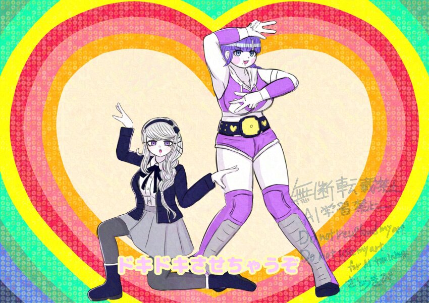 2girls arm_up armpits arms_up bed_sheet belt black_bow black_hairband black_headband blue_background blue_eyes blue_jacket blush boots bow braid braided_ponytail championship_belt crouching double_v female_focus full_body green_background grey_skirt hairband hands_up headband highres jacket japanese_text kirifuji_nozomi kneeling long_hair looking_at_viewer mojiro_moko multiple_girls open_mouth orange_background pink_boots pink_shorts pleated_skirt purple_eyes purple_hair rainbow red_background shorts skirt standing the_hundred_line_-last_defense_academy- translation_request v white_hair wrestler wrestling_outfit yellow_background