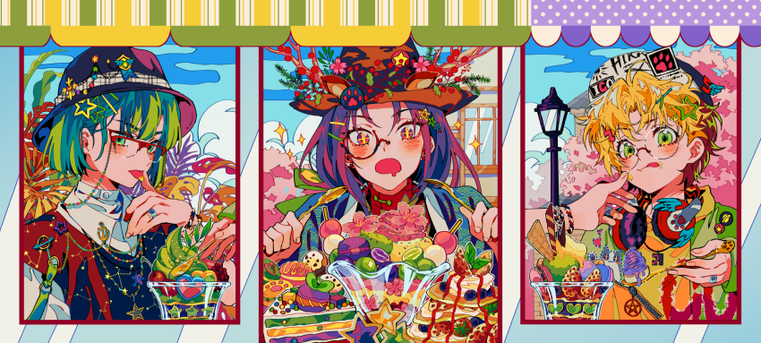+_+ 3boys alternate_costume anchor_symbol animal_print baseball_cap berry bespectacled bishounen blonde_hair blue_kimono blueberry blush bob_cut border bracelet brown_hair brown_headwear building cake cake_slice cat_print chain cherry cherry_blossoms clothes_writing collared_shirt colorful commentary_request constellation_print dango day drooling ear_piercing eyewear_strap food food_on_face fork fruit fujiwara_no_sai glasses gold_chain grapes green_eyes green_hair green_hoodie hair_ornament hairclip hand_on_another&#039;s_cheek hand_on_another&#039;s_face hat hat_chain hat_ornament hat_ribbon headphones headphones_around_neck heart highres hikaru_no_go holding holding_fork holding_spoon hood hoodie hun_(endlesslovehikaru) ice_cream japanese_clothes jewelry kimono lamppost lapel_pin layer_cake leaf licking licking_finger licking_lips lightning_bolt lightning_bolt_hair_ornament lightning_bolt_symbol long_hair looking_at_viewer macaron male_focus matching_ring messy_hair monocle mouth_drool multicolored_hair multiple_boys multiple_rings multiple_views necklace orange_headwear out_of_frame outdoors pancake parfait patch paw_print pentagram philodendron piercing plaid_ribbon planet plant purple_eyes purple_hair purple_headwear puzzle_piece red-framed_eyewear red_border red_vest ribbon ring sanshoku_dango saturn_(planet) seigaiha semi-rimless_eyewear shindou_hikaru shirt short_hair sparkle spoon star_(symbol) star_hair_ornament star_hat_ornament strawberry tongue tongue_out touya_akira two-tone_hair two-tone_hoodie upper_body vest waffle wagashi whipped_cream white_ribbon white_shirt yellow_hoodie zipper