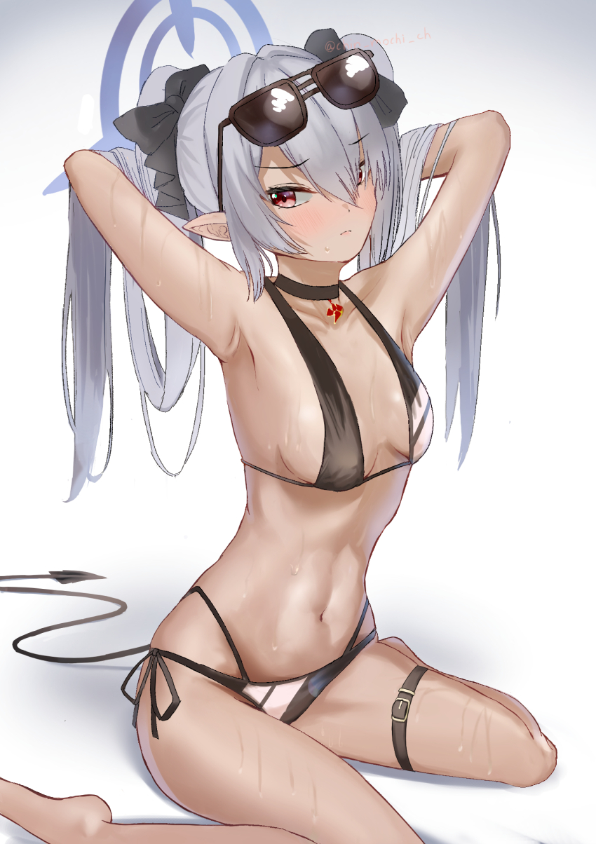 &gt;:( 1girl adjusting_hair armpits arms_behind_head barefoot bikini black_bikini black_bow black_choker blue_archive blue_halo blush bow breasts choker closed_mouth commentary dark-skinned_female dark_skin demon_girl demon_tail eyelashes eyewear_on_head frown grey_hair hair_between_eyes hair_bow hair_intakes hair_over_one_eye halo highres iori_(blue_archive) iori_(swimsuit)_(blue_archive) knees_out_of_frame long_hair looking_at_viewer medium_breasts mochini multi-strapped_bikini_bottom navel official_alternate_costume pointy_ears red_eyes side-tie_bikini_bottom sideboob sidelocks simple_background sitting solo stomach straight_hair sunglasses swimsuit tail thigh_strap thighs tsurime twintails v-shaped_eyebrows very_long_hair wariza wet white_background