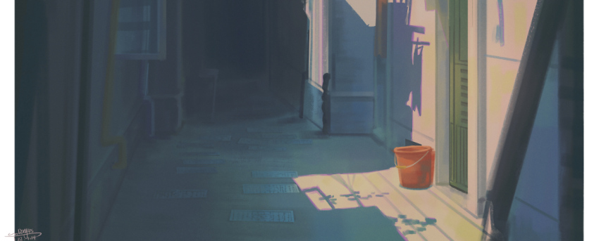 alley bucket chinese_commentary commentary_request dated door industrial_pipe no_humans original outdoors pillarboxed sanshui_guantang scenery shade signature