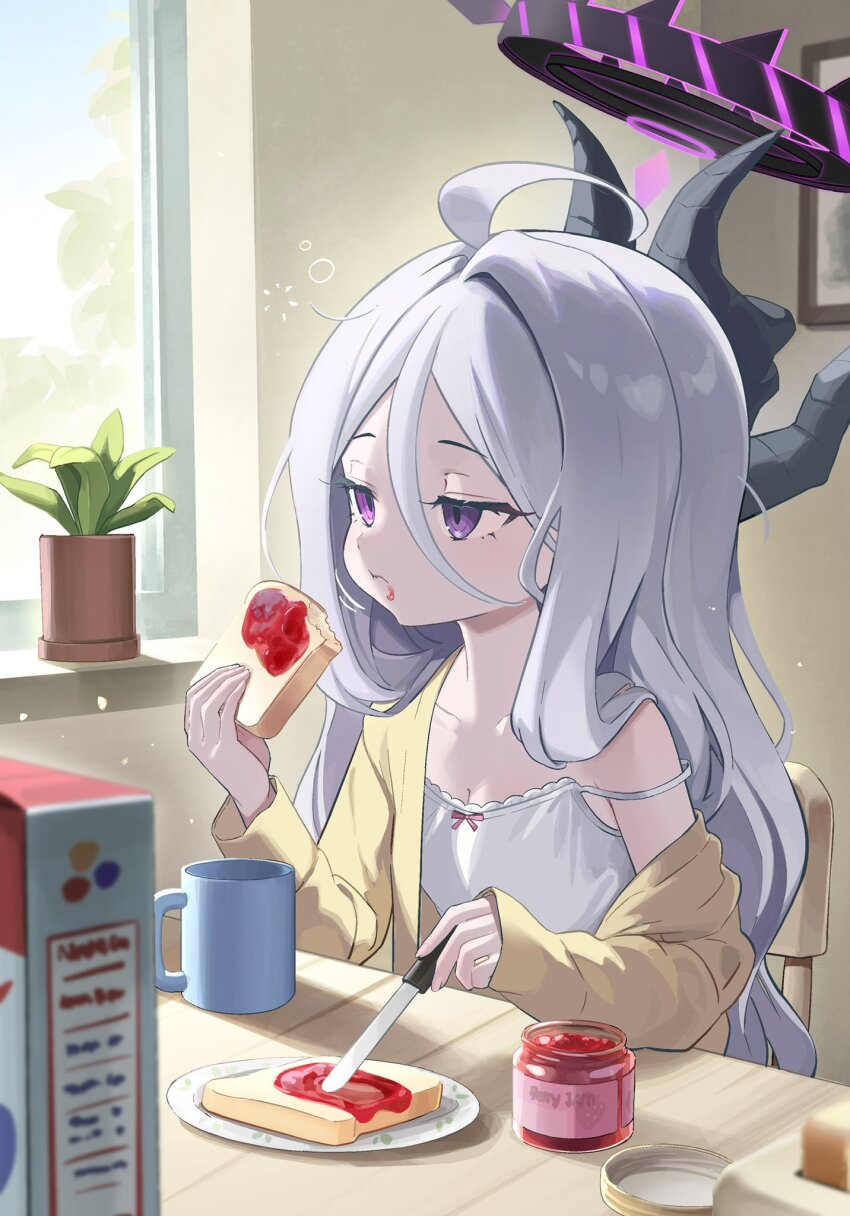 1girl blue_archive bread bread_slice breasts camisole cleavage collarbone cup demon_horns eating food food_on_face grey_hair hair_between_eyes halo highres hina_(blue_archive) horns indoors jam kekek long_hair long_hair_between_eyes mug multiple_horns plant potted_plant purple_eyes sitting sleepy slice_of_life small_breasts solo squeans strap_slip table toast very_long_hair white_camisole wooden_table