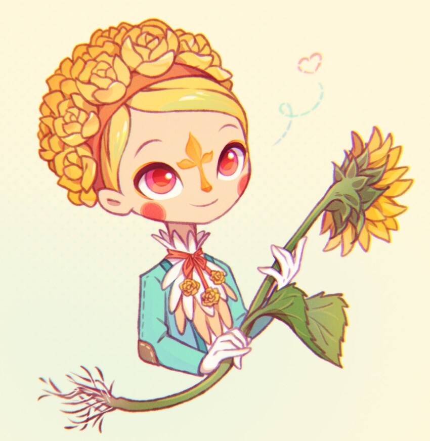 1girl ascot blonde_hair blue_suit blush_stickers bolo_tie child closed_mouth commentary english_commentary facial_mark flower flower-shaped_hair formal_clothes gloves hairband heart holding holding_flower looking_at_viewer no_straight_roads plant_roots red_eyes smile smthngjay solo suit sunflower upper_body white_gloves yellow_background yinu_(no_straight_roads)