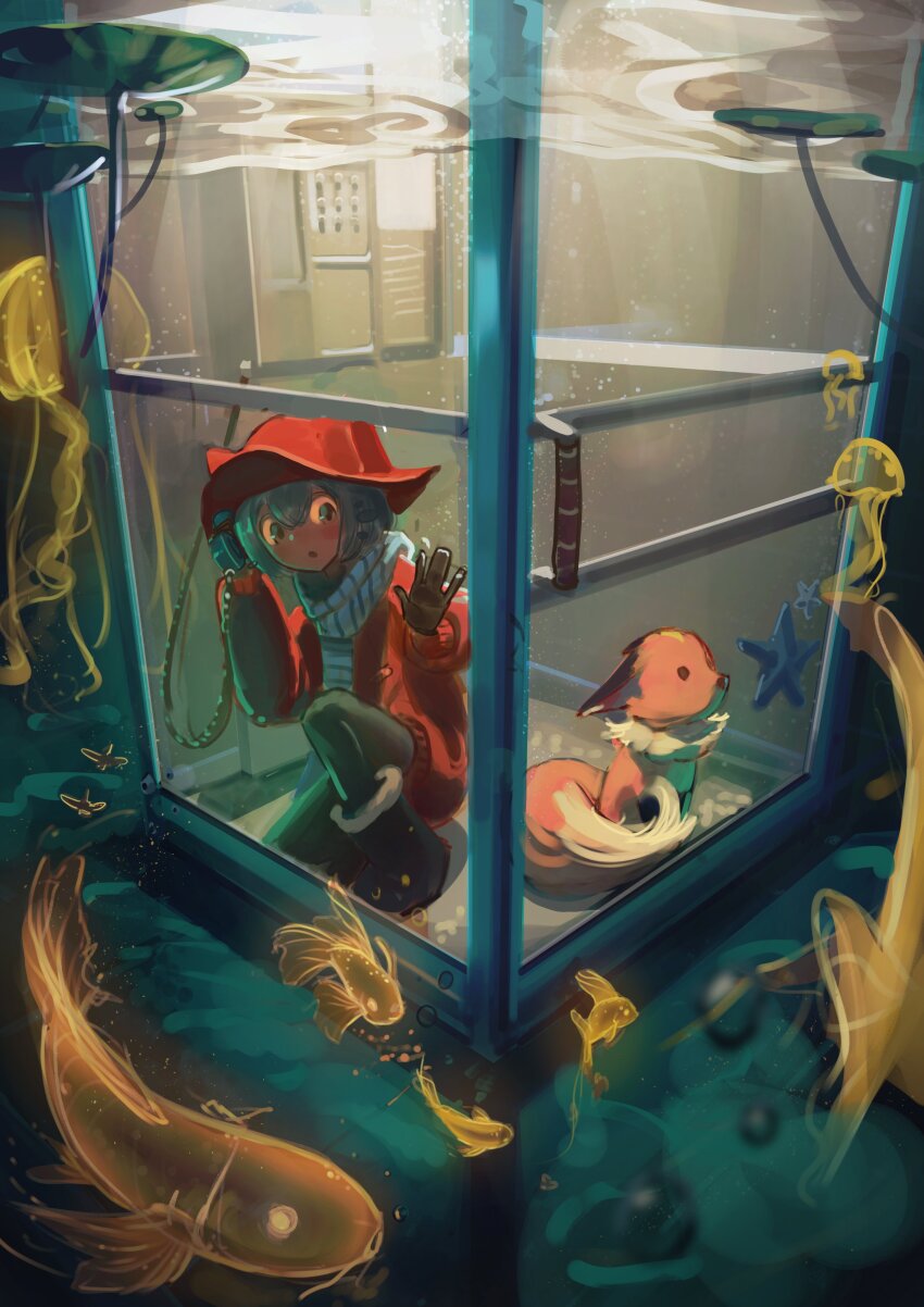 1other :o absurdres animal animal_ear_headwear black_gloves blue_hair blue_scarf boots colored_sclera commentary corded_phone english_commentary fake_animal_ears fish fox gloves hat highres jacket jellyfish kneeling lily_pad niko_(oneshot) oneshot_(game) phone phone_booth red_hat red_jacket rue_(oneshot) scarf shadches72 starfish underwater yellow_sclera