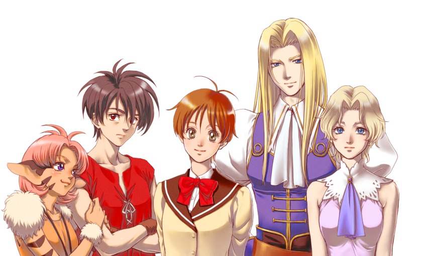 1990s_(style) 2boys 3girls allen_schezar animal_ears arm_hug ascot bad_id bad_pixiv_id blonde_hair blue_eyes bow brother_and_sister brown_eyes brown_hair cat_ears celena_schezar collarbone crossed_arms facial_mark gloves kanzaki_hitomi kyotuka long_hair merle_(tenkuu_no_escaflowne) multiple_boys multiple_girls purple_eyes red_eyes retro_artstyle school_uniform short_hair siblings simple_background smile tenkuu_no_escaflowne van_fanel