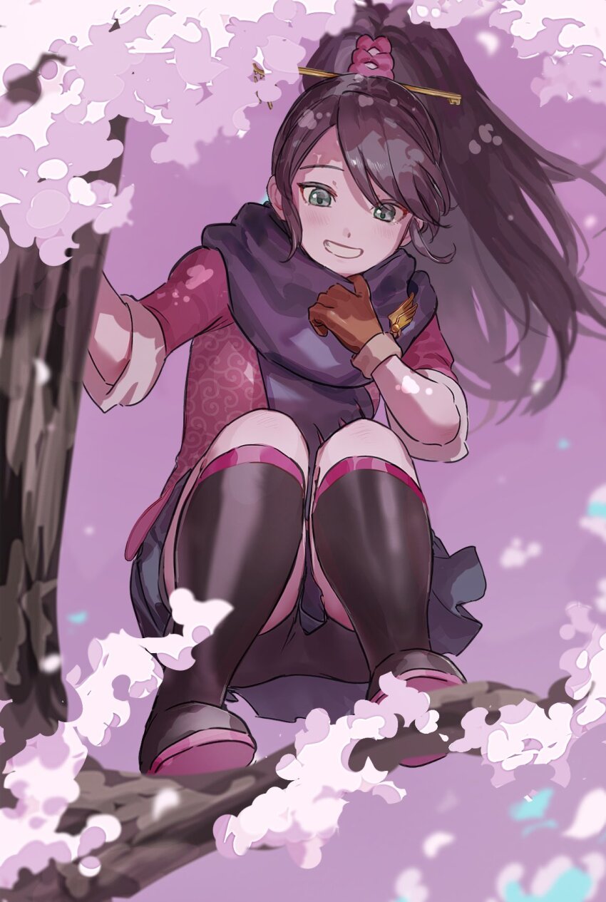 1girl ace_attorney ace_attorney_investigations black_boots black_hair black_shorts blue_scarf boots brooch brown_gloves cherry_blossoms gloves green_eyes grin hands_up highres jewelry kay_faraday key_hair_ornament long_hair miniskirt nyak_il on_branch parted_bangs ponytail red_shirt scarf shirt shorts skirt sleeves_rolled_up smile solo squatting