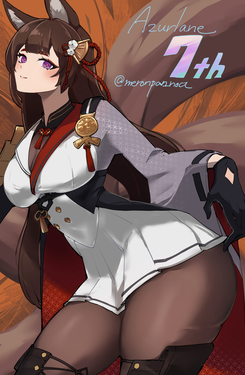 1girl absurdres amagi_(azur_lane) amagi_(cv)_(azur_lane) animal_ear_fluff animal_ears azur_lane black_gloves black_pantyhose brown_hair buttons closed_mouth commentary_request copyright_name eyeliner fox_ears fox_girl fox_tail gloves hair_ornament highres hikimayu long_hair long_sleeves looking_at_viewer makeup military_uniform nocturnal_melonpan pantyhose pleated_skirt purple_eyes red_eyeliner red_pupils sakura_empire_(emblem) skirt smile solo tail thick_thighs thighs twitter_username white_skirt wide_sleeves