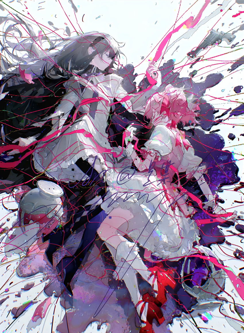 2girls absurdres akemi_homura akemi_homura_(magical_girl) argyle_clothes black_footwear black_hair boots bow bubble_skirt capelet chinese_commentary closed_eyes commentary commentary_request crack die_(weibo_5986913615) dress duplicate entangled expressionless footwear_bow frilled_skirt frilled_sleeves frilled_socks frills from_above full_body gloves grey_skirt hair_spread_out high_heels highres jacket kaname_madoka kaname_madoka_(magical_girl) kneehighs liquid long_hair lying magical_girl mahou_shoujo_madoka_magica mahou_shoujo_madoka_magica_(anime) multiple_girls on_side pink_dress pink_hair pink_ribbon puffy_short_sleeves puffy_sleeves purple_capelet red_footwear resized ribbon shards shoes short_hair short_sleeves short_twintails signature skirt socks soul_gem thigh_boots twintails upscaled white_gloves white_jacket white_skirt white_socks