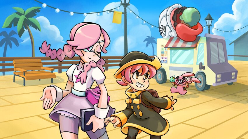 2girls annie_(skullgirls) bench book eyepatch food food_truck highres holding holding_book holding_food holding_ice_cream holding_ice_cream_cone hungern_(skullgirls) ice_cream ice_cream_cone multiple_girls robynahaley sagan_(skullgirls) skullgirls umbrella_(skullgirls) wooden_bench