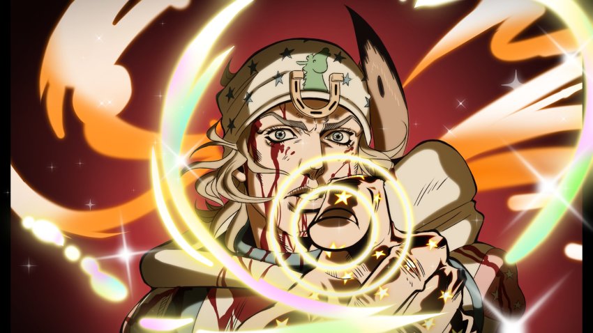 1boy blood blood_on_face blood_splatter blue_eyes grandguerrilla highres horseshoe johnny_joestar jojo_no_kimyou_na_bouken looking_at_viewer male_focus pointing pointing_at_viewer solo steel_ball_run upper_body wide-eyed