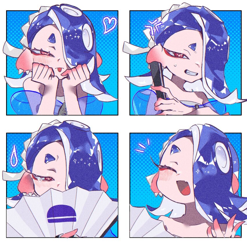 1girl :p anger_vein blue_hair blue_shawl blush cephalopod_eyes chest_sarashi collarbone commentary crying earrings eyelashes eyeshadow fang folded_fan folding_fan hair_over_one_eye hairband hand_fan heart highres jakujaku444 jewelry looking_at_viewer makeup medium_hair multiple_earrings nintendo octoling print_folding_fan red_eyes red_eyeshadow red_pupils sarashi shawl shiver_(deep_cut_outfit)_(splatoon) shiver_(splatoon) short_eyebrows skin_fang splatoon_(series) splatoon_3 sweat tearing_up tentacle_hair thick_eyebrows tongue tongue_out tooth_earrings white_hairband