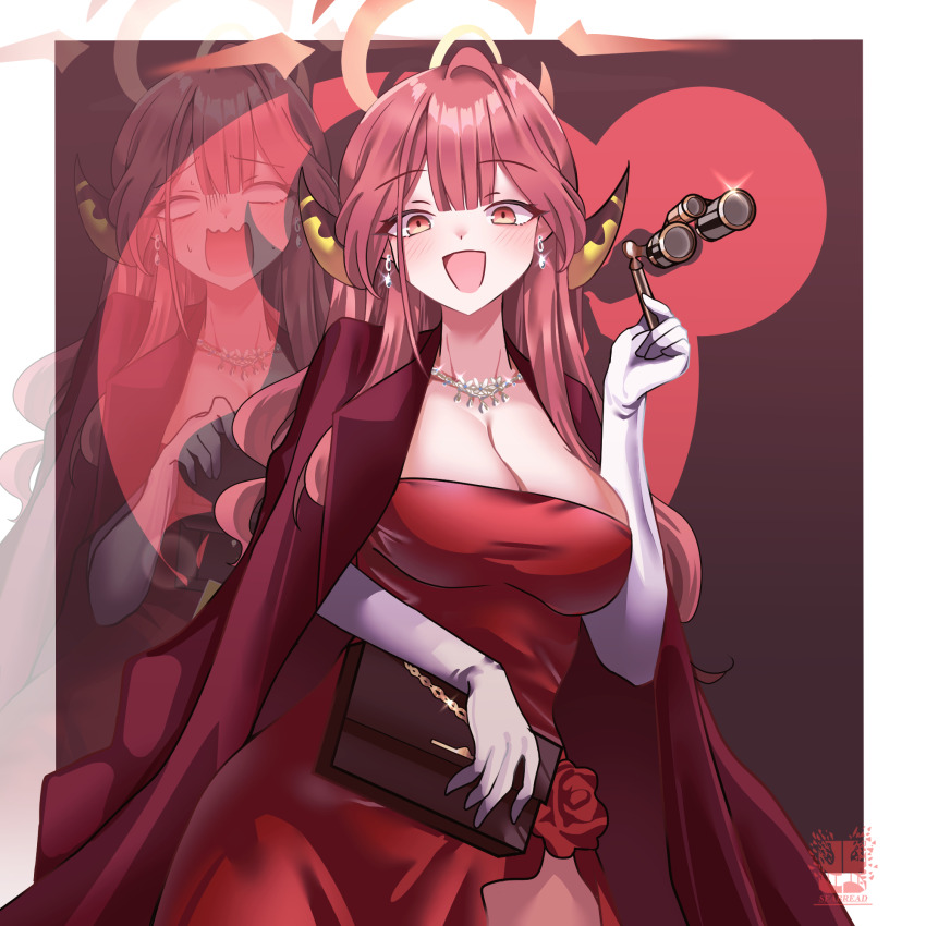 1girl aru_(blue_archive) aru_(dress)_(blue_archive) bag blue_archive blush breasts brown_coat brown_horns cleavage coat coat_on_shoulders cowboy_shot demon_horns dress earrings elbow_gloves gloves halo highres holding horns jewelry large_breasts long_hair looking_at_viewer multiple_views necklace official_alternate_costume opera_glasses pink_hair pink_halo red_dress seabread smile upper_body white_gloves yellow_eyes